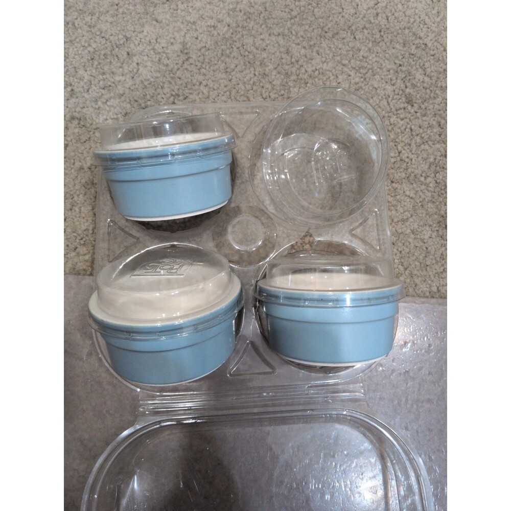 NIB Set of 3 Cermer French Blue Ceramic Freezer, Oven, Microwave Ramekins/Lids
